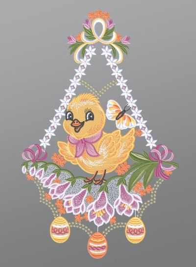 ArtikelbildFensterbild aus Plauener Spitze® - Osterküken mit Halstuch #1W mehrfarbig