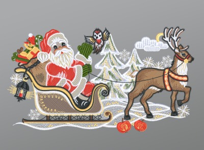 ArtikelbildFensterbild aus Plauener Spitze® - Weihnachtsmann mit Schlitten und Rentier #1W mehrfarbig