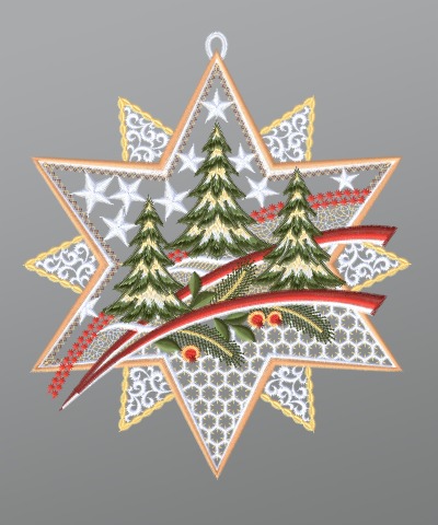 ArtikelbildFensterbild aus Plauener Spitze® - Tannenbäume mit Sternen #1W mehrfarbig