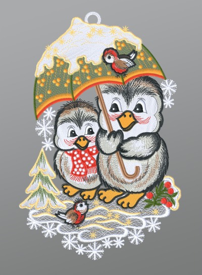 ArtikelbildFensterbild aus Plauener Spitze® - Pinguinpaar mit Schirm #1W mehrfarbig