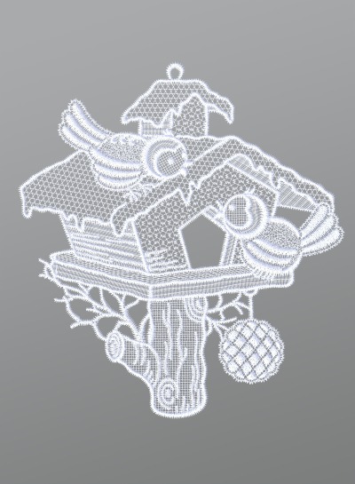 ArtikelbildFensterbild aus Plauener Spitze® - Vogelpaar mit Vogelhäuschen #1W in Weiß