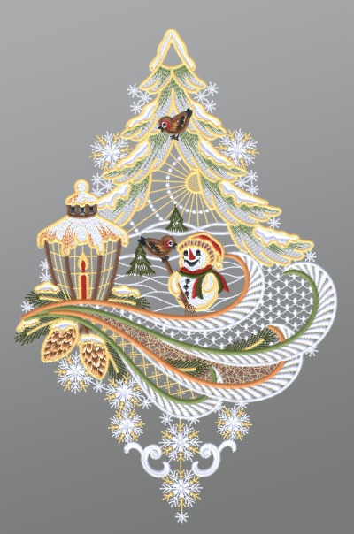 ArtikelbildFensterbild aus Plauener Spitze® - Schneemann mit Laterne und Vögelchen #1W mehrfarbig