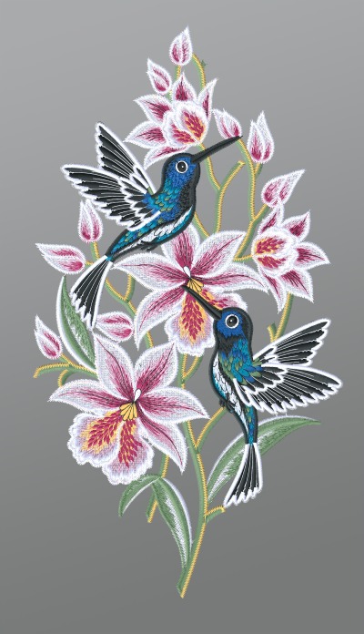 ArtikelbildFensterbild aus Plauener Spitze® - Kolibris mit Orchideen #1W mehrfarbig