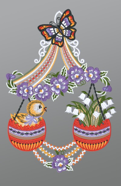 ArtikelbildFensterbild aus Plauener Spitze® - Küken in Osterwaage #1W mehrfarbig