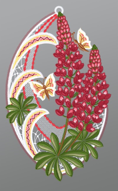 ArtikelbildFensterbild aus Plauener Spitze® - Lupinen mit Schmetterlingen #1W in Rot-mehrfarbig