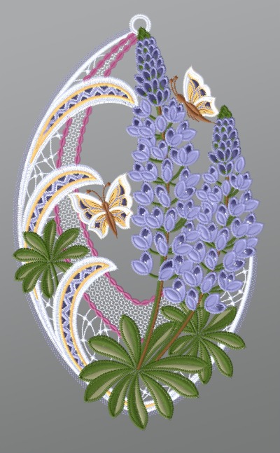 ArtikelbildFensterbild aus Plauener Spitze® - Lupinen mit Schmetterlingen #1W in Violett-mehrfarbig