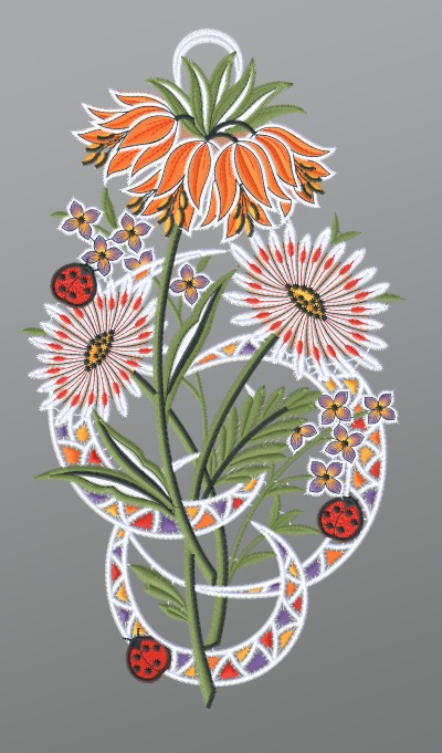 ArtikelbildFensterbild aus Plauener Spitze® - Kaiserkrone mit Marienkäfern #1W mehrfarbig