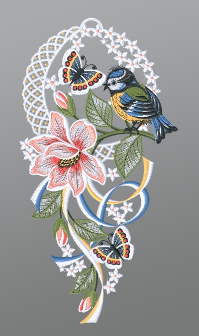 ArtikelbildFensterbild aus Plauener Spitze® - Blaumeise mit Schmetterling und Blume #1W mehrfarbig