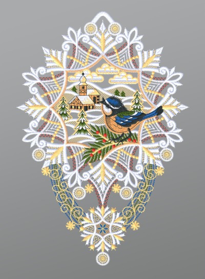 ArtikelbildFensterbild aus Plauener Spitze® - Blaumeise mit Kapelle und Stern #1W mehrfarbig
