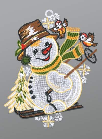 ArtikelbildFensterbild aus Plauener Spitze® - Schneemann auf Skiern #1W mehrfarbig