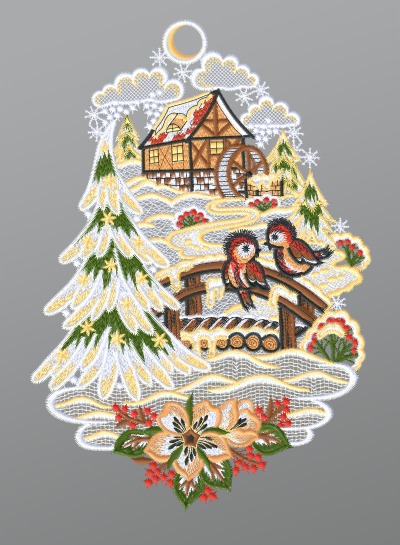 ArtikelbildFensterbild aus Plauener Spitze® - Wassermühle in Winterlandschaft #1W mehrfarbig