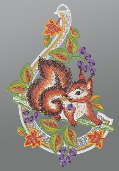 ArtikelbildFensterbild aus Plauener Spitze® - stibitzendes Eichhörnchen #1W mehrfarbig