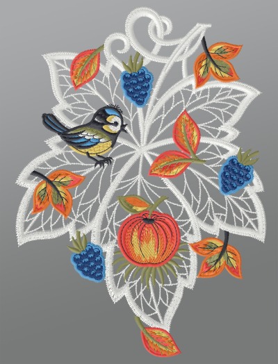 ArtikelbildFensterbild aus Plauener Spitze® - Herbstblatt mit Blaumeise #1W mehrfarbig
