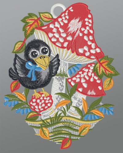 ArtikelbildFensterbild aus Plauener Spitze® - kleiner Rabe unterm Fliegenpilz #1W mehrfarbig