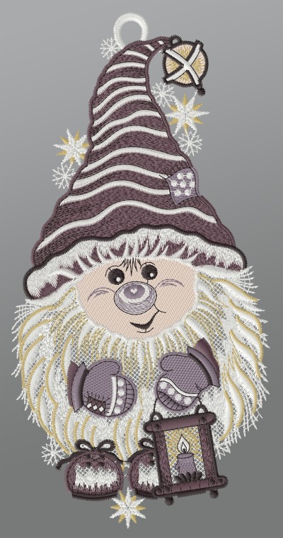 ArtikelbildFensterbild aus Plauener Spitze® - Wichtel mit Laterne #1W grau