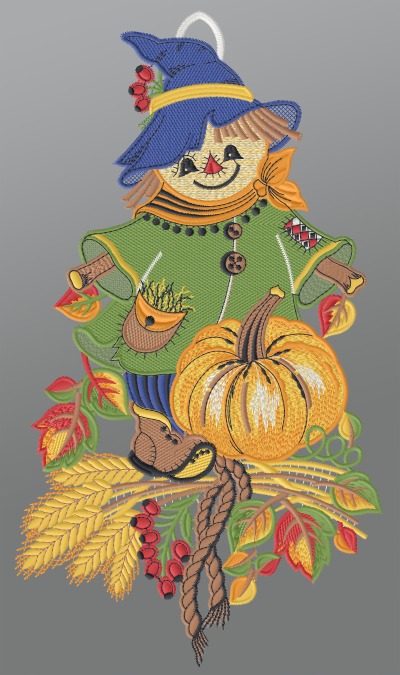 ArtikelbildFensterbild aus Plauener Spitze® - Herbstliche Vogelscheuche  #1W mehrfarbig