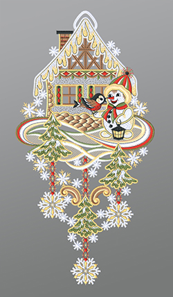 Fensterbild aus Plauener Spitze® - Schneemann mit Winterhäuschen #1W mehrfarbig